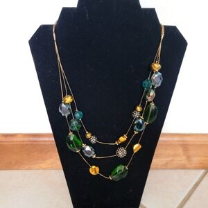 Anthropologie Three Strand Glass And Bead Green And Gold Necklace